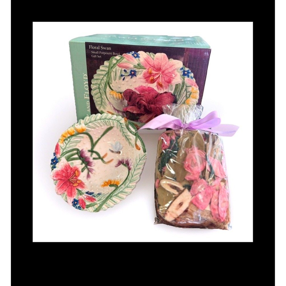 Fitz and Floyd Floral Swan Small Potpourri Bowl Gift Set Handcrafted China New